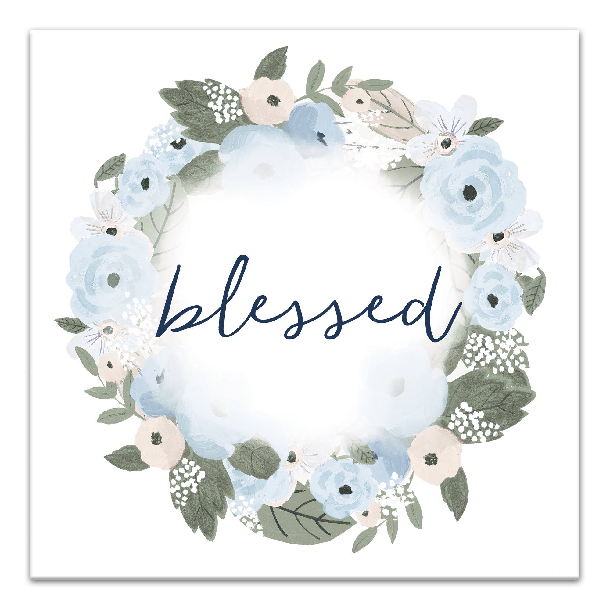 Blue Blessed Floral Wreath 16" x 16" Canvas Wall Art